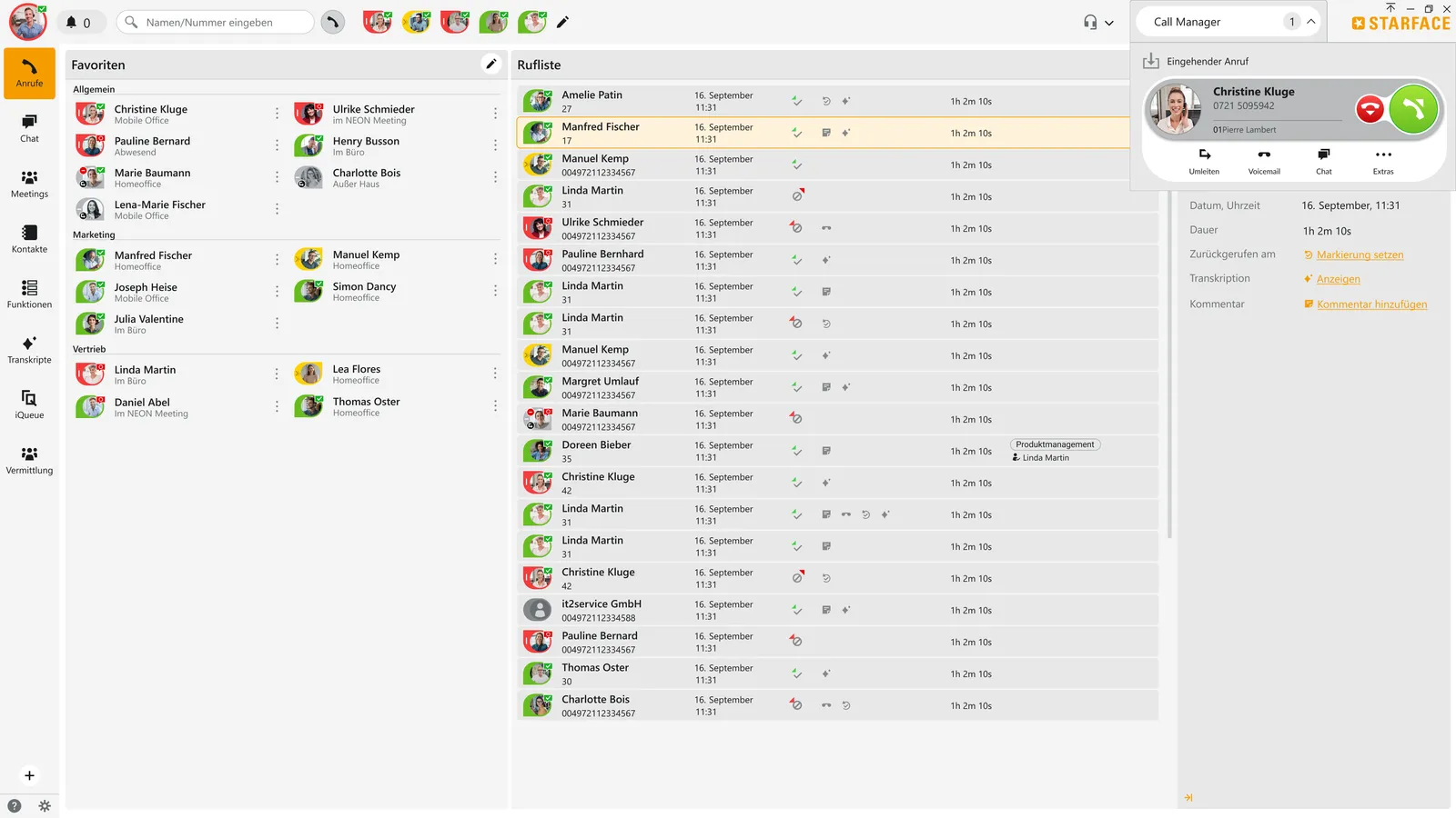 STARFACE Workspace App unter Windows – Anrufliste mit aktivem Anruf, helles Design